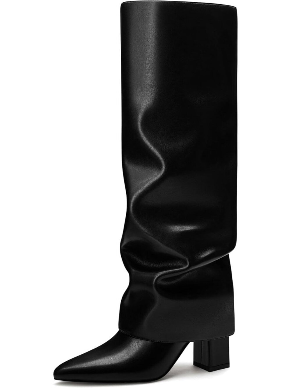 Women's Black Slouchy Knee High Boots Fold Over Chunky Heel Pointed Toe Boots